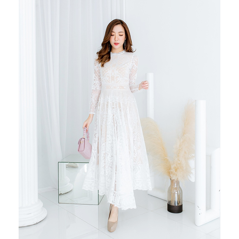 kudapy เดรสยาวสีชมพู/สีขาว/สีกรม/สีแดง แขนยาวผ้าลูกไม้สวยดูดีใส่สบายน่ารักมากๆ