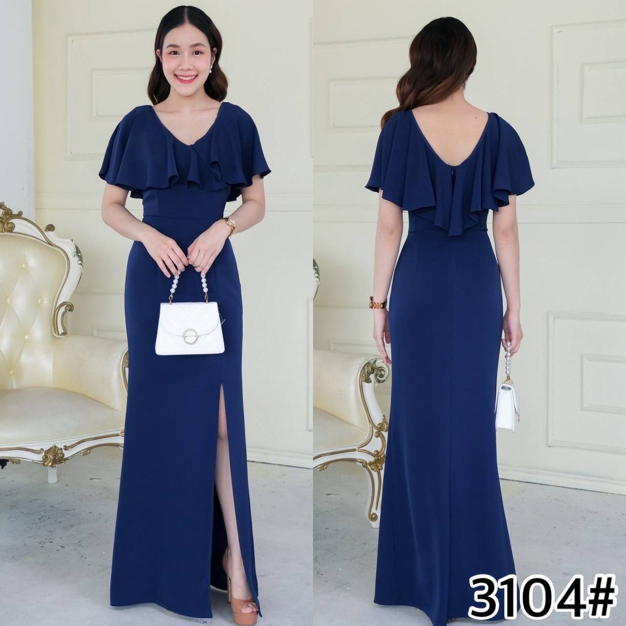 kudapy เดรสยาว คอวี คอระบายคลุมบ่า ทรงสุภาพ กระโปรงหางปลาผ่าหน้าขา ใส่ได้หลายโอกาส