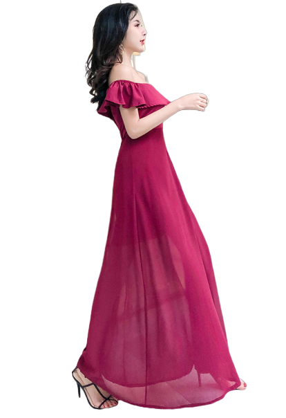 ชุดเดรสยาวออกงานสีแดงเลือดหมู ผ้าโพลีเอสเตอร์ผสม ใส่ได้ 2 แบบ แบบไหล่ป้าน หรือเปิดไหล่ก็ได้ค่ะ