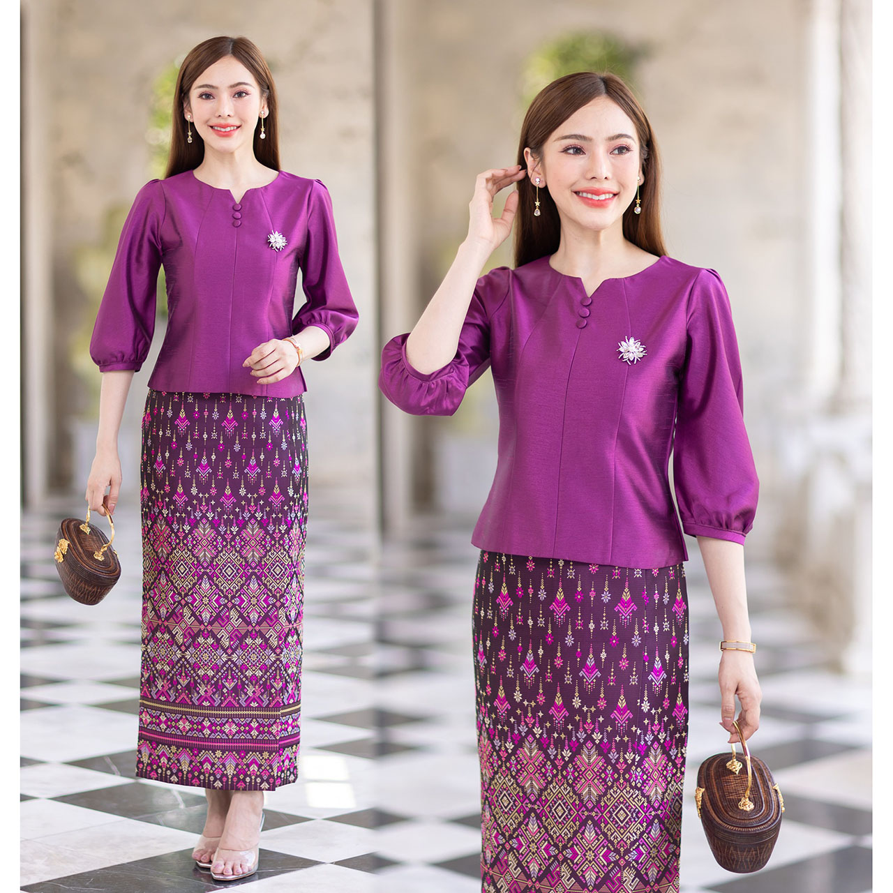 kudapy เสื้อผ้าไหม4เส้นสีม่วง/สีแดง เนื้อผ้าทอสวย แต่งกระดุม เนื้อเบาสบาย ใส่สบายผิว มีลายเส้นในตัว (เฉพาะเสื้อ)