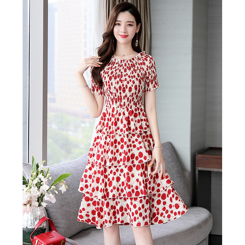 kudapy ชุดเดรสสั้นสีแดง,สีน้ำเงิน ใส่ทำงาน ผ้าโพลีเอสเตอร์ผสมพื้นสีครีม