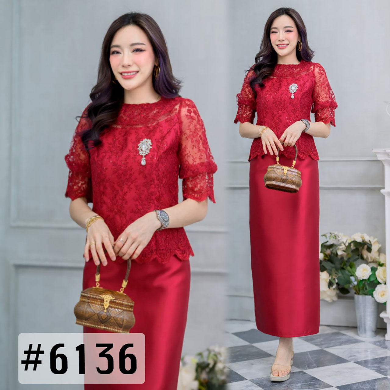 kudapy Set งาน2ชิ้น เสื้อ+กระโปรง เสื้อลูกไม้ทอปักเลื่อม ลูกไม้ใยบวบย้อมสีแบบพิเศษ คอกลม แขนเป็นบอลลูน