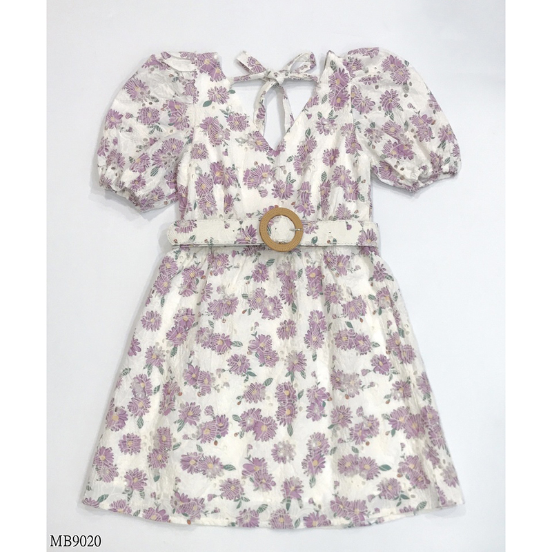 kudapy เดรสสั้นสีม่วง/สีเหลือง ผ้าฉลุพิมพ์ลายดอก+เข็มขัด
