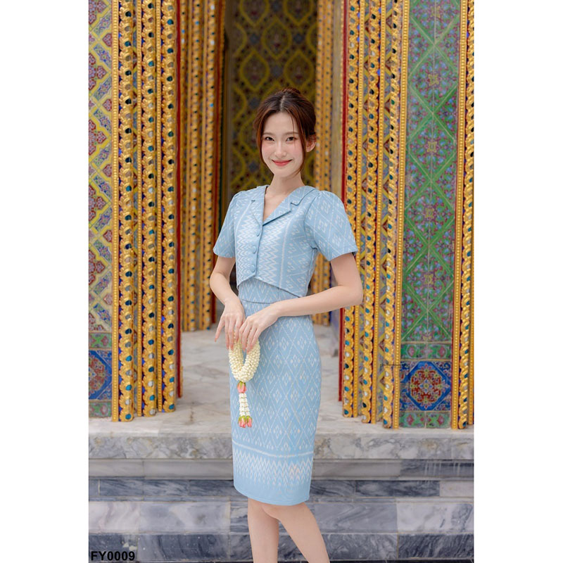 kudapy เดรสสั้นสีฟ้า/สีโอรส ผ้าทอแต่งปกเทเลอร์ ลายผ้าไทย ใส่ออกงาน ใส่ทำงานสวยดูดี