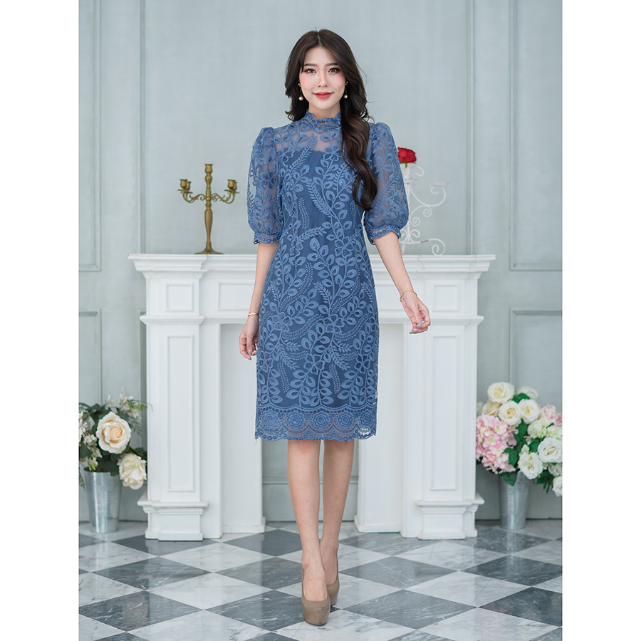 kudapy เดรสสั้นลูกไม้สีฟ้าคราม/สีชมพูอ่อน/สีชมพูบานเย็น เดรสคอจีน แต่งแขนพองบอลลูนสีส่วน