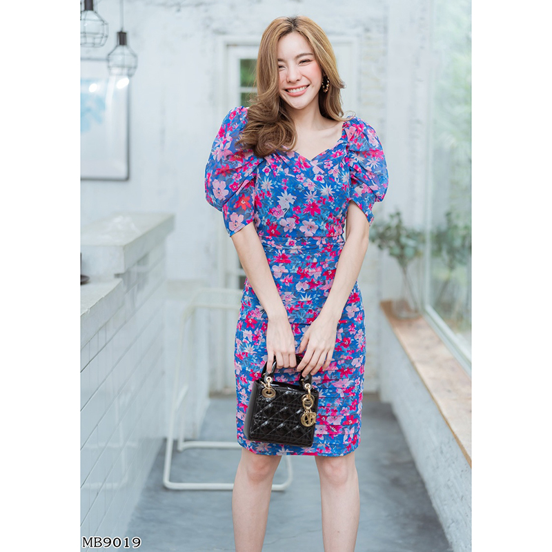 kudapy เดรสสั้นสีกรม/สีชมพู ลายดอกกระโปรงชั้นสวยดูดีใส่สบายผ้านุ่ม