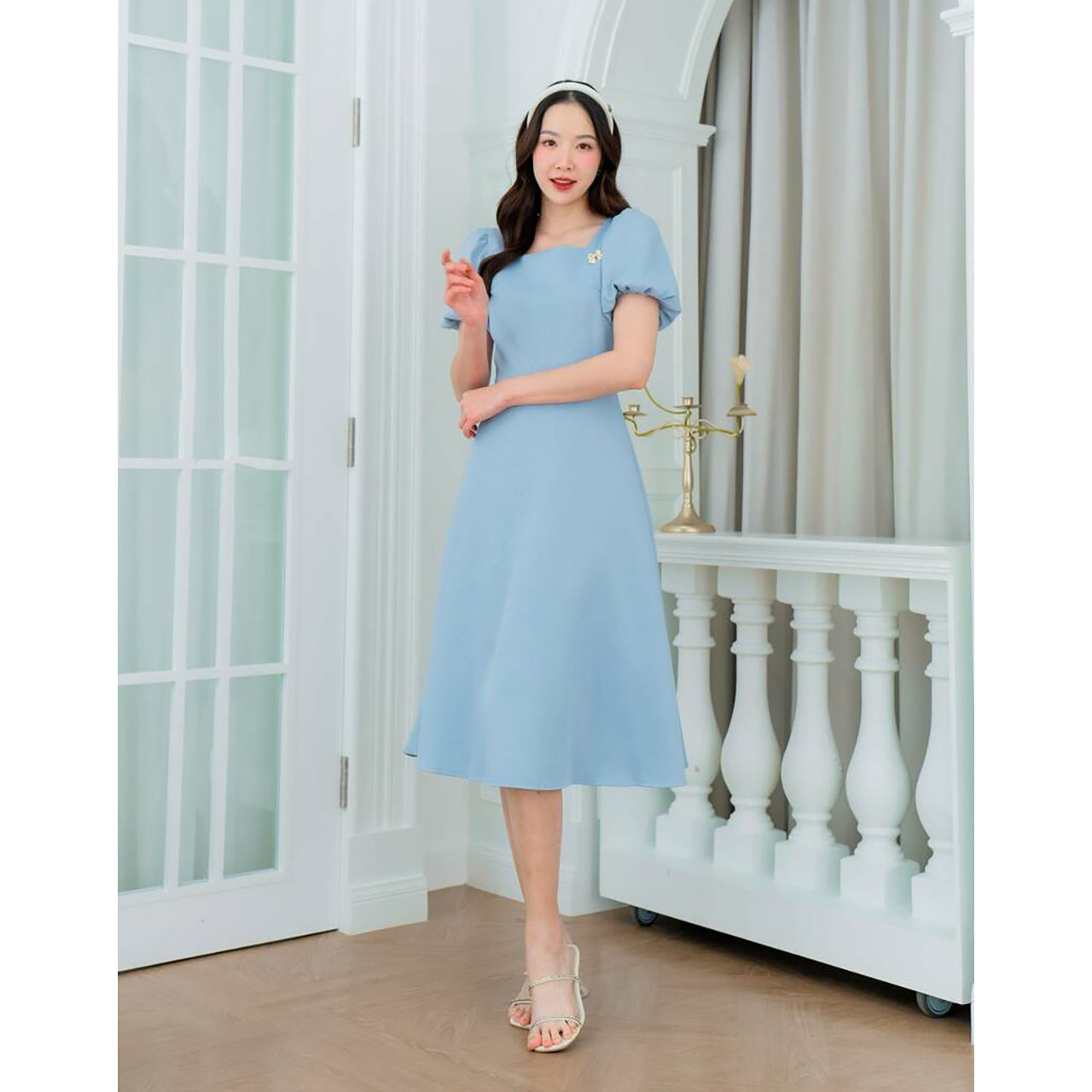 kudapy เดรสสั้นสีเหลือง/สีฟ้า/สีกรม แขนตุ๊กตากระโปรงบาน