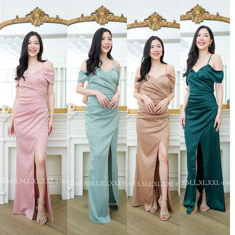 kudapyเดรสยาวสีเขียวแก่/สีชมพู/สีน้ำตาล/สีมิ้น ราตรี ปิดต้นแขนเก็บทรงสวย งานซับในทั้งชุด มีซิปด้านหลัง เนื้อผ้าเครปซาตินสวยหรู ออกงานไฮสุดๆ