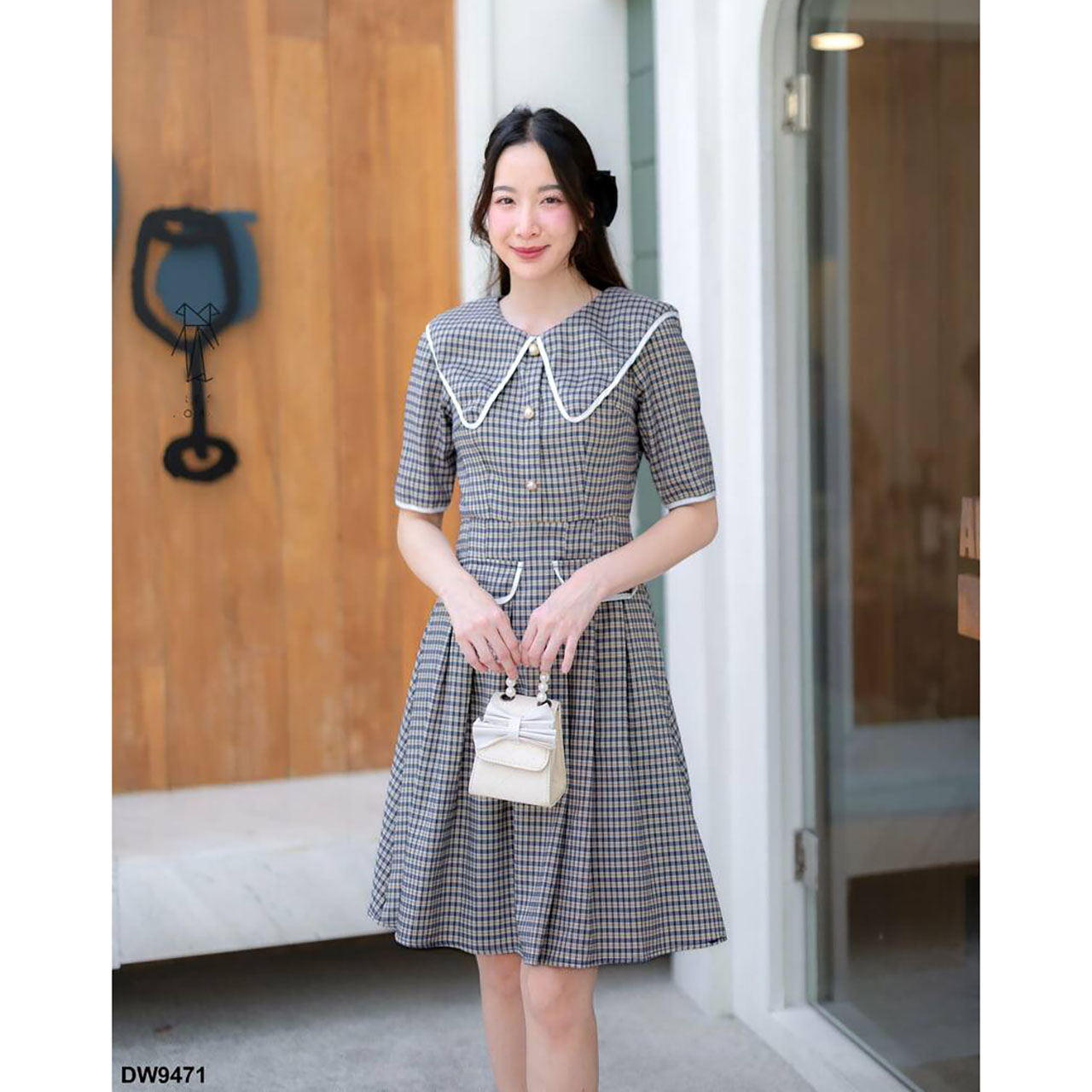 kudapy เดรสสั้นสีสีเหลือง/สีกรม/สีชมพู คอปกลายสก็อตแขน 3 ส่วน ใใส่เที่ยวสวยดูดี น่ารัก