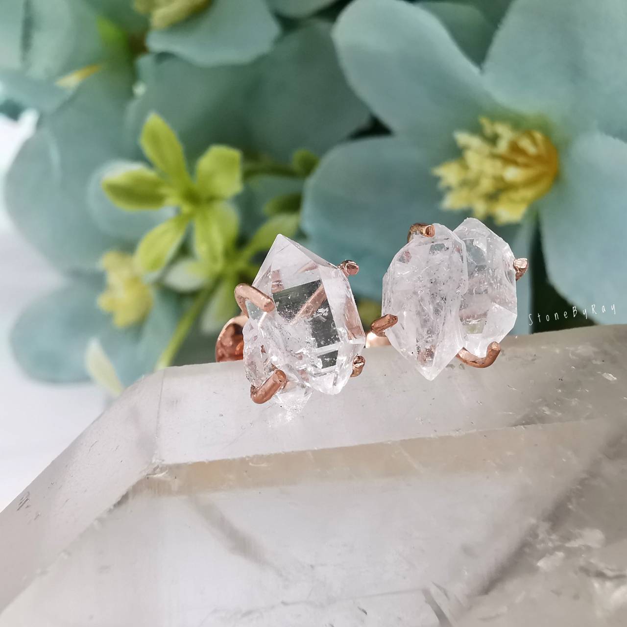 ต่างหูเงินชุบพิ้งโกลด์หินเฮอร์คิเมอร์ไดม่อน Herkimer Diamond