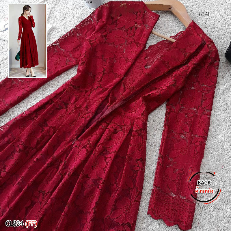 kudapy เดรสยาวสีเทา/สีขาว/สีโอรส/สีแดงเลือดหมู ลูกไม้แขนศอก คอวีป้ายหน้า (ช่วงบนไม่มีซับใน)งานลูกไม้ลายสวยหรู เย็บบุซับในช่วงกระโปรงอย่างดี