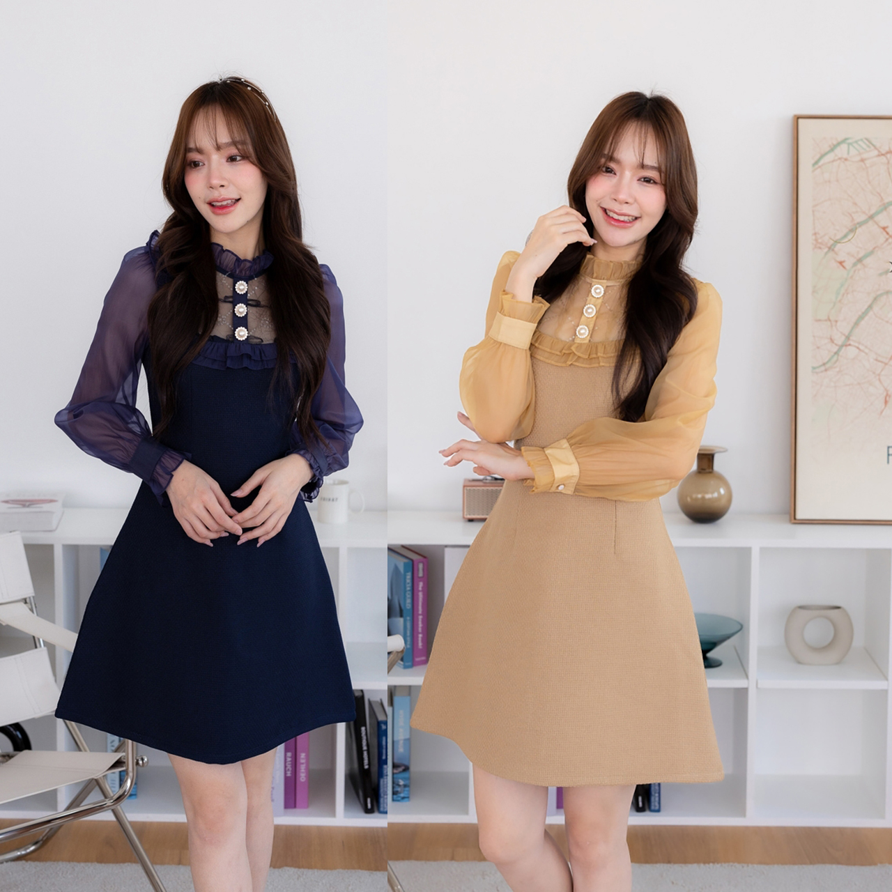 kudapy เดรสสั้นสีกรม/สีน้ำตาล เกาหลีแขนยาวชีฟอง