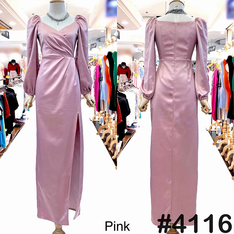 kudapy เดรสยาวสีโรสโกล/สีชมพู/สีน้ำตาล/สีเขียว แขนยาว จับจีบอกทิวลิป จีบเอวพรางหน้าท้อง บ่าและปลายแขนสม็อคยืดได้ แขนจั้มได