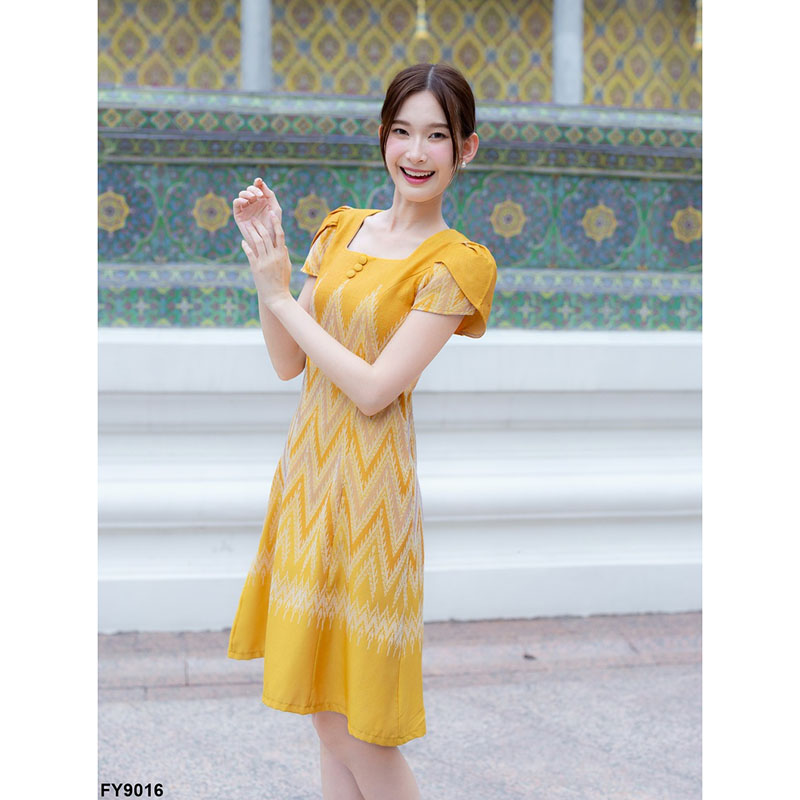 kudapy เดรสสั้นสีฟ้า/สีเหลือง ผ้าทอแขนกลีบบัว ผ้าลายไหย ใส่ทำงานสวยดูดี