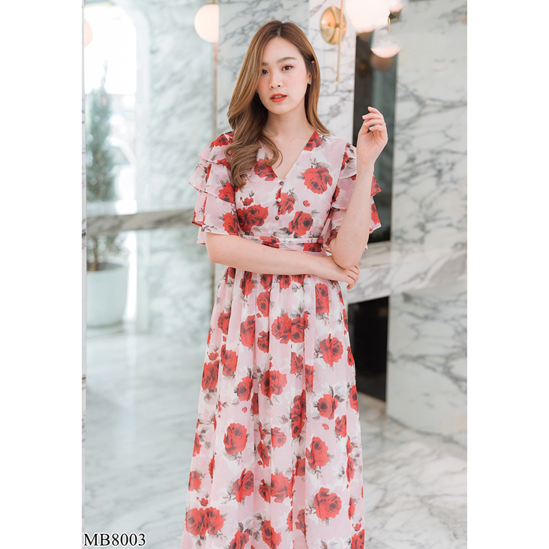 kudapy เดรสยาวสีชมพู ชีฟองลายกุหลาบสดุกตา ใส่สบายสวยดูดี