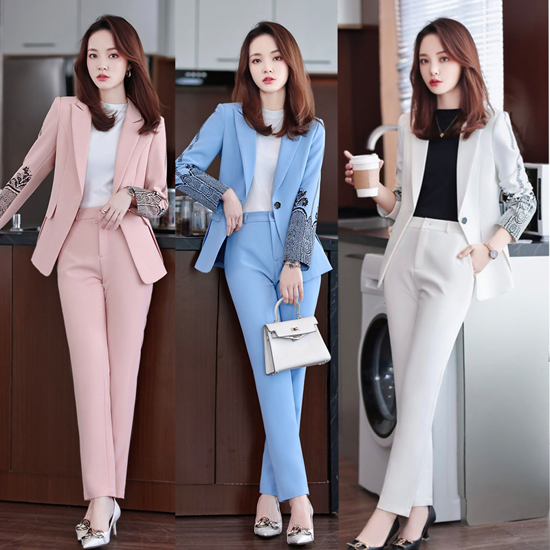 kudapy ชุดสูททำงานผู้หญิงสีฟ้า/สีขาว/สีชมพู แต่งลูกไม้แขนยาวพร้อมกางเกง