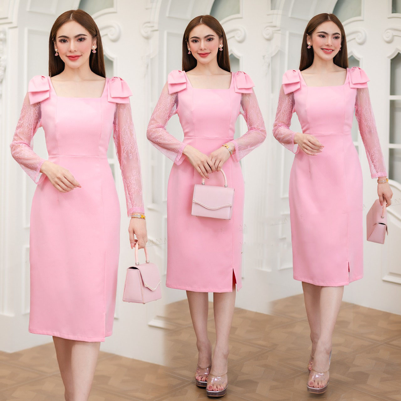 kudapy เดรสผ้าโพลีเอสเตอร์ช่วงแขนเป็นลูกไม้ ตรงบ่าแต่งโบว์ มีซับใน กระโปรงทรงเอผ่าหน้า ใส่สบาย