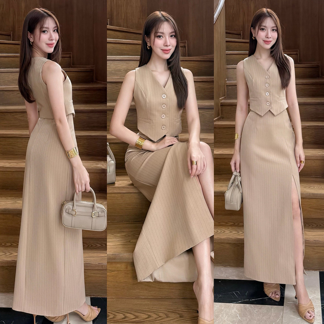 kudapy ชุดเซ็ทสีชมพูกะปิ/สีชมพูนู้ด/สีครีม ลายริ้วเสื้อแขนกุด+กระโปรงยาวผ่าหน้า สวยเกร๋มาก