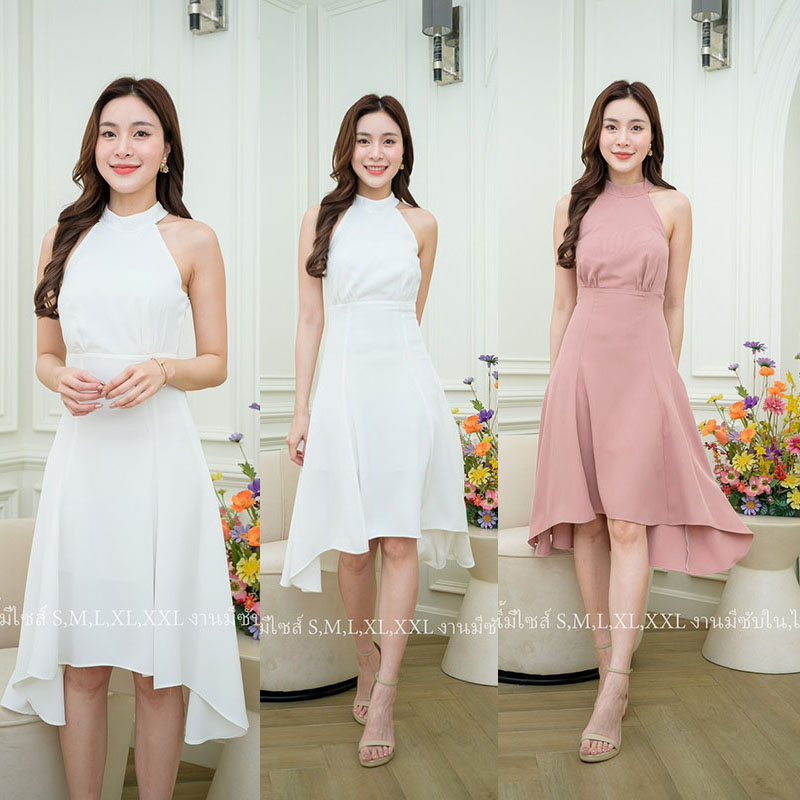 kudapy เดรสสั้นสีชมพู/สีขาว ออกงานคอเต่าแขนกุดกระโปรงบาน น่ารักๆ มินิมอล เรียบหรูดูดีมาก