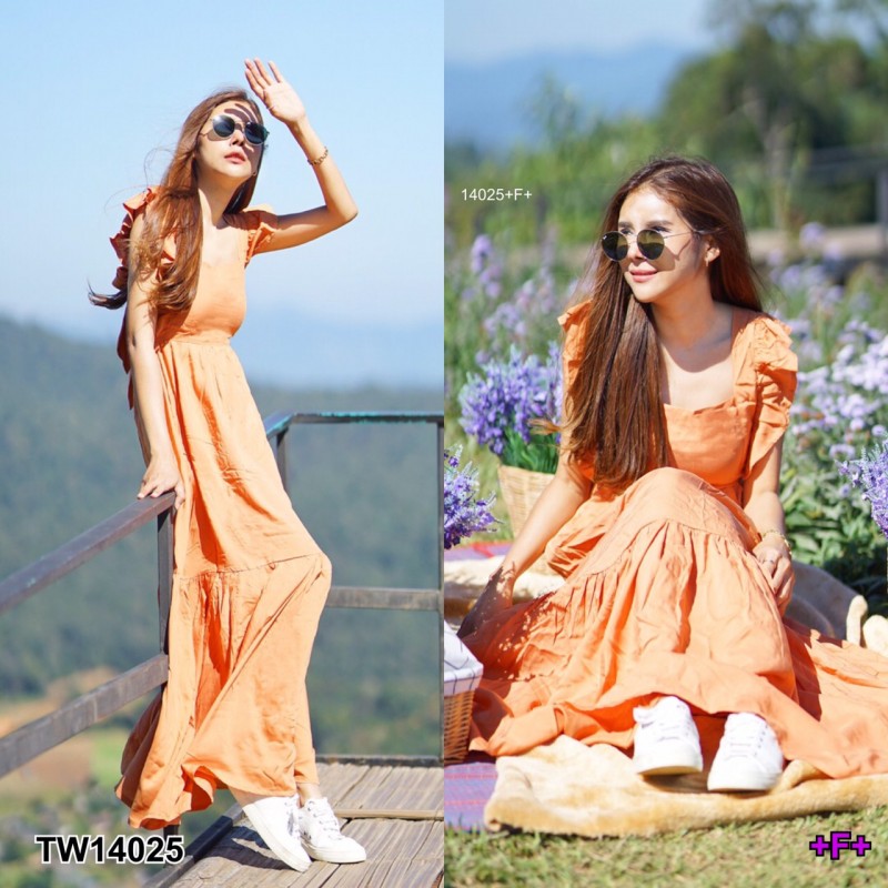 kudapy Maxi Dress เดรสยาวสีเขียว/สีส้ม/สีม่วง คอเหลี่ยม ดีเทลระบายแขน ด้านหลังดึงยาง มีผูกโบว์เข้ารูปตามสรีระของสาวๆ