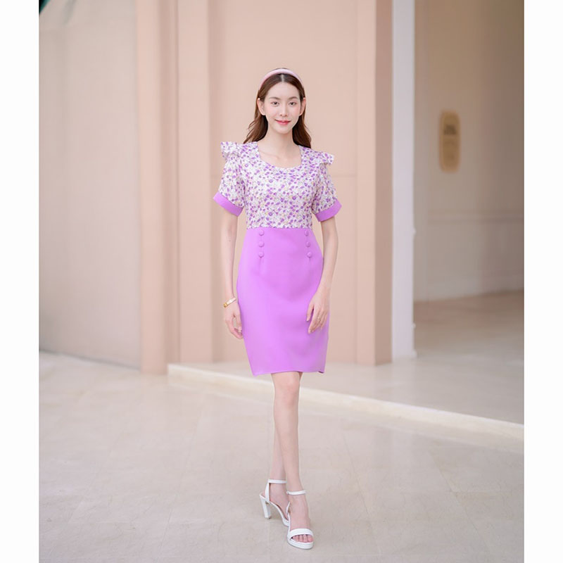 kudapy เดรสสั้นสีม่วง/สีชมพู/สีคราม แขนสั้นลายดอกมีกระดุม