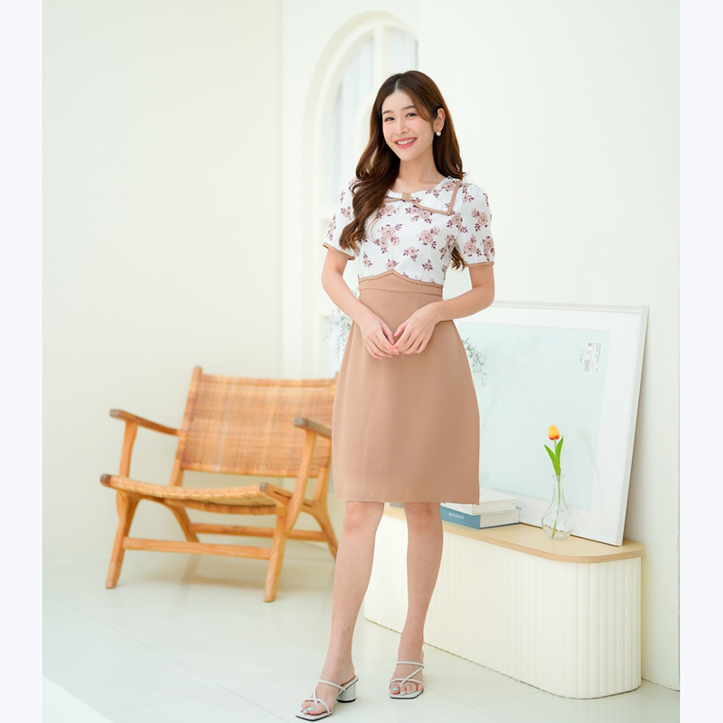 kudapy เดรสสั้นสีฟ้า/สีม่วง/สีน้ำตาล กระโปรงสีพื้นท่อนบนลายดอก