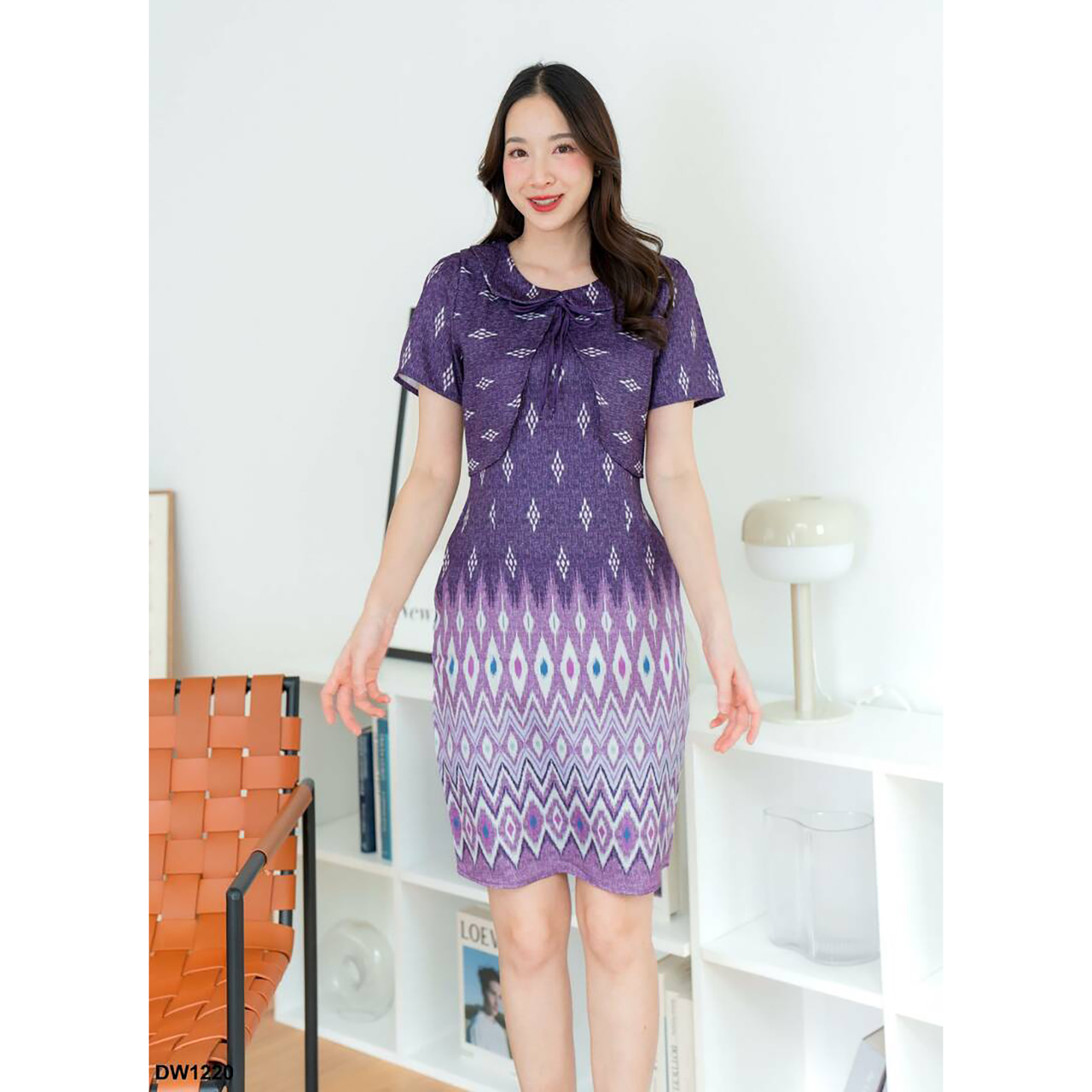 kudapy เดรสสั้นสีเหลือง/สีม่วง/สีฟ้า ลายไทยแต่งกั๊กผูกโบว์