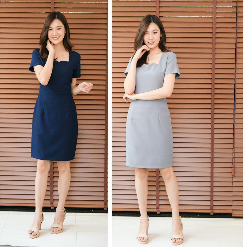 kudapy เดรสสั้นคอหัวใจแขนสั้นสีกรม/สีเทา เข้ารูปเอว ทรงสวยเป๊ะมาก เนื้อผ้าหนามีน้ำหนัก ซับในทั้งตัว ใส่ได้ตลอด