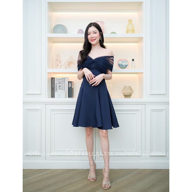 kudapy เดรสสั้นออกงานสีน้ำเงินกรมท่า/สีน้ำตาล/สีสีชมพูนู้ด ปาดไหล่แต่งผ้าซีทรู