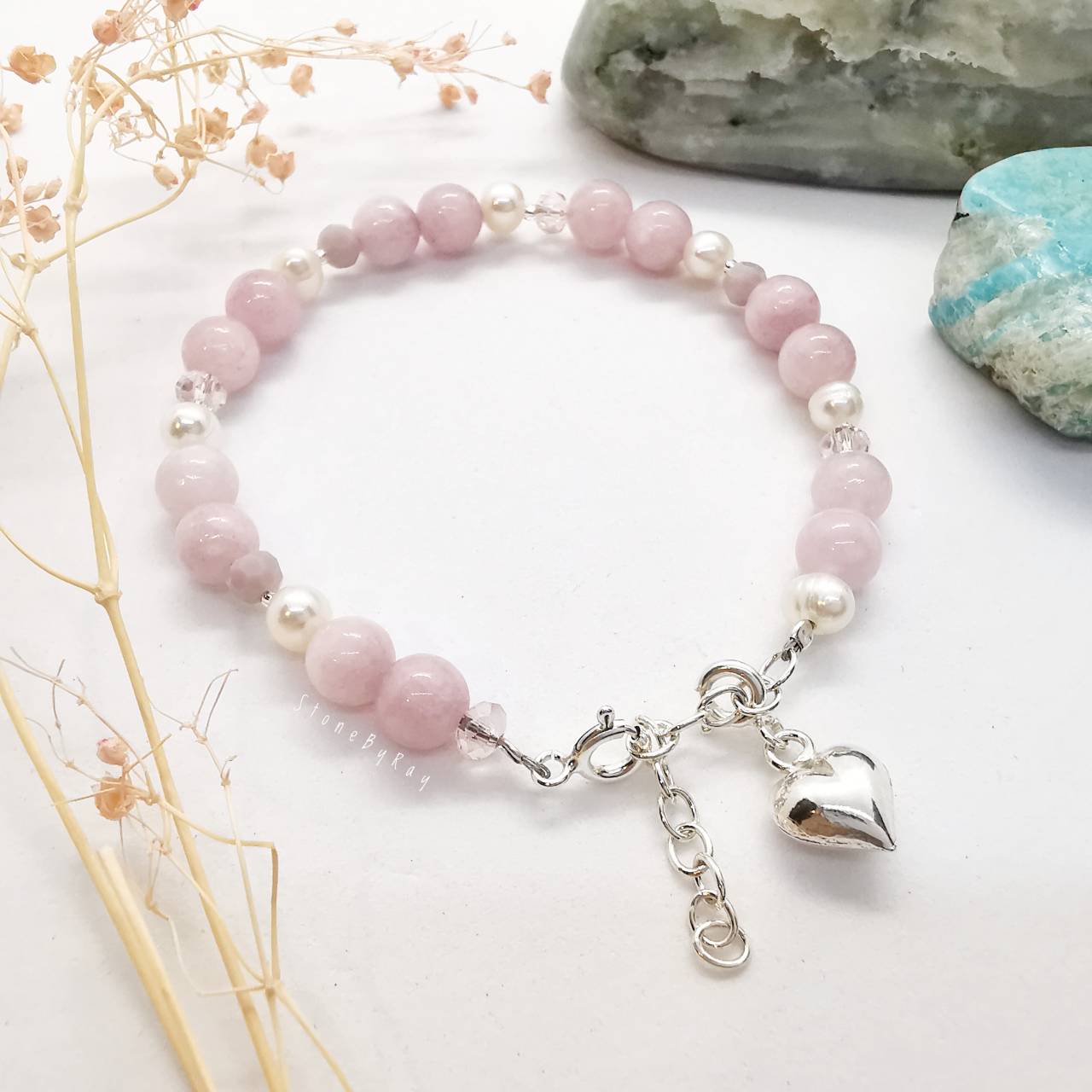 สร้อยข้อมือหินคุนไซต์กับมุกแท้ Kunzite+Pearl