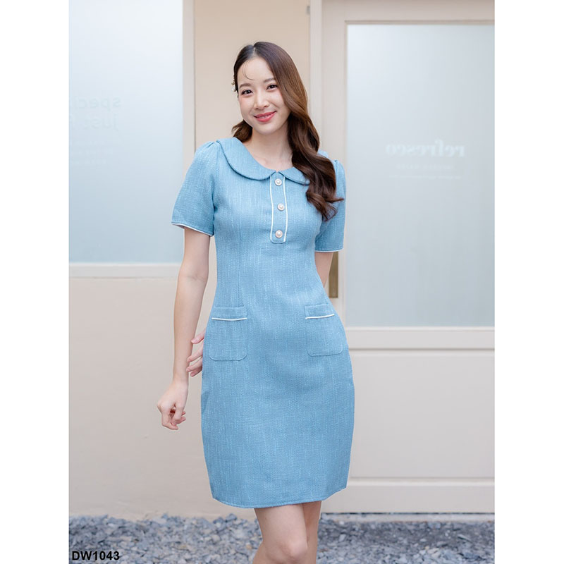 kudapy มินิเดรสปกคอบัวสีฟ้า/สีชมพู/สีกรม มีกระเป๋าข้าง สีพื้น สไตล์เรียบๆเป็นงานซิปหลังน้า