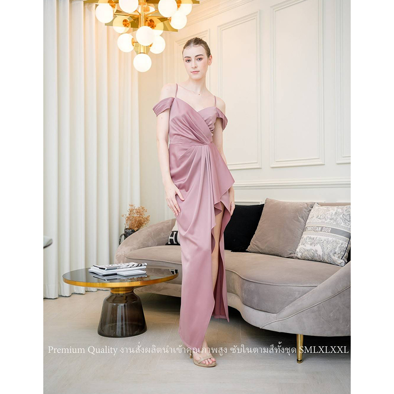 kudapy เดรสยาวสีเทาอมกรม/สีชมพูกลีบบัว ชุดราตรีไหล่ปิดไหล่ ทรงจับจีบผ่าข้างระบาย