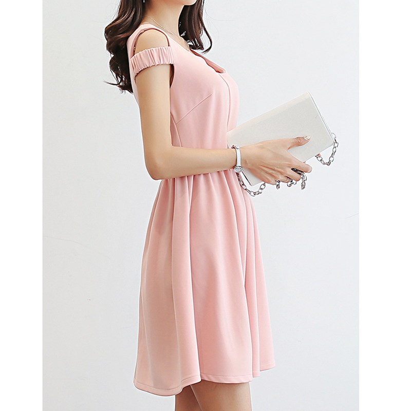 kudapy ชุดเดรสสั้นสีชมพู แฟชั่นแขนกุด แต่งสายคาดช่วงต้นแขนแบบยางยืดสวยหรูสไตล์เกาหลี