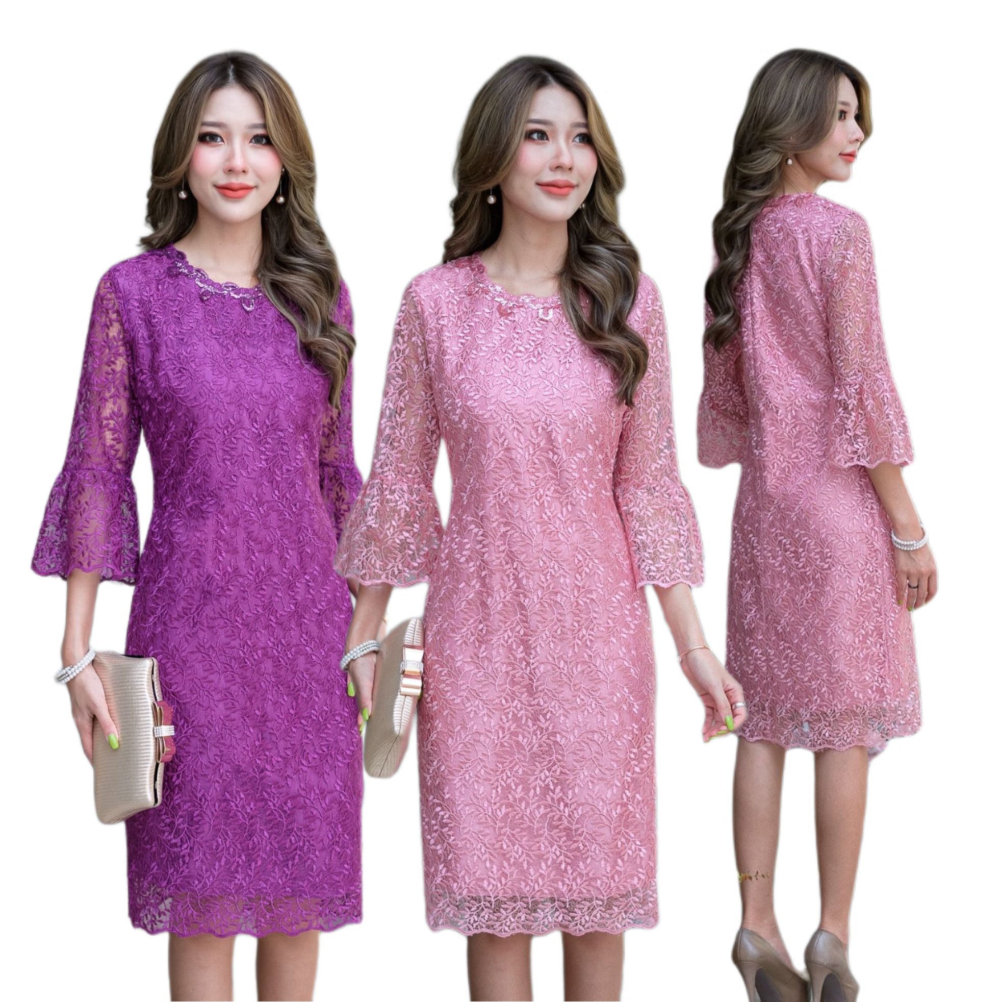 kudapy เดรสลูกไม้เนื้อเงาแขนสามส่วน สีม่วง สีชมพู ปลายแขนระบาย คอเสื้อแต่งเลื่อมเพิ่มความหรูหรา ผ้าสวยเกรดดี มีซับในทั้งชุด แต่งซิปหลัง