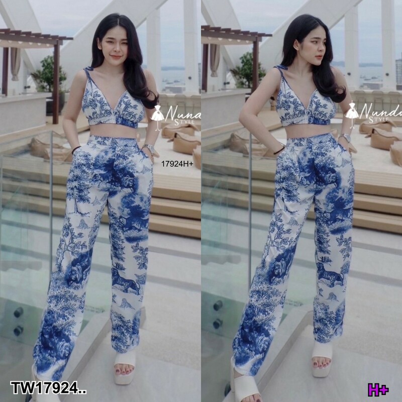 kudapy ชุด Set 2 ชิ้น เสื้อสายเดี่ยวผูกไหล่ + กางเกงขายาวลายกราฟฟิกเข้าเซตไปทะเล