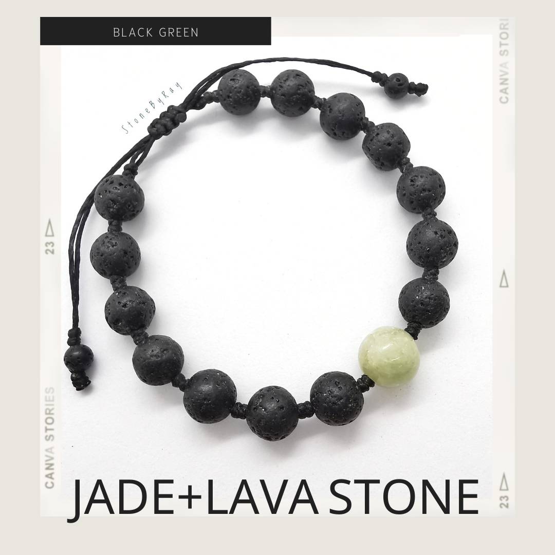สร้อยข้อมือเชือกถักหินลาวากับหินหยก Lava stone+Jade