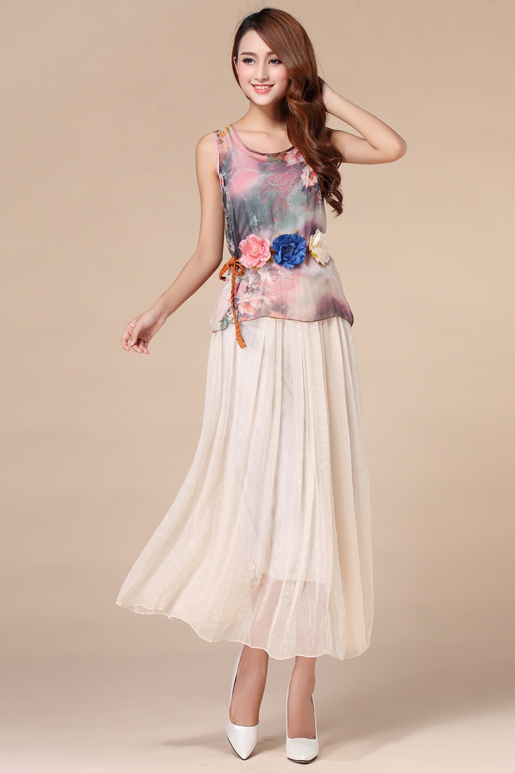 kudapy เซ็ตเสื้อแขนกุด+กระโปรงยาวผ้าชีฟองสีครีม พร้อมเข็มขัดเหมือนแบบ