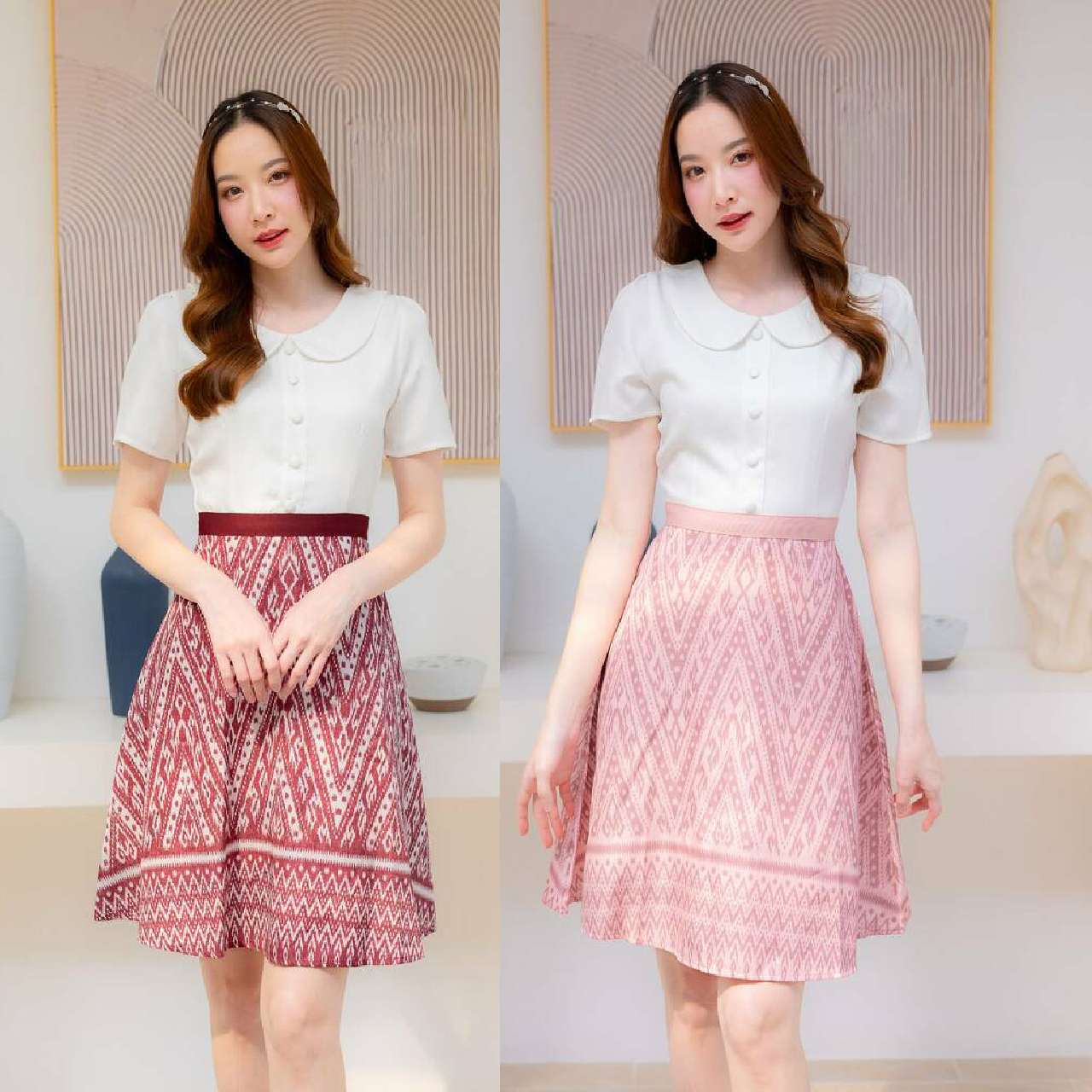 kudapy เดรสั้นสีชมพู/สีแดง/สีน้ำตาล/สีกรม คอปก งานกระดุมหน้า กระโปรงลายไทย งานสวยมากก แต่งขอบเอวใส่แล้วพรางหุ่น