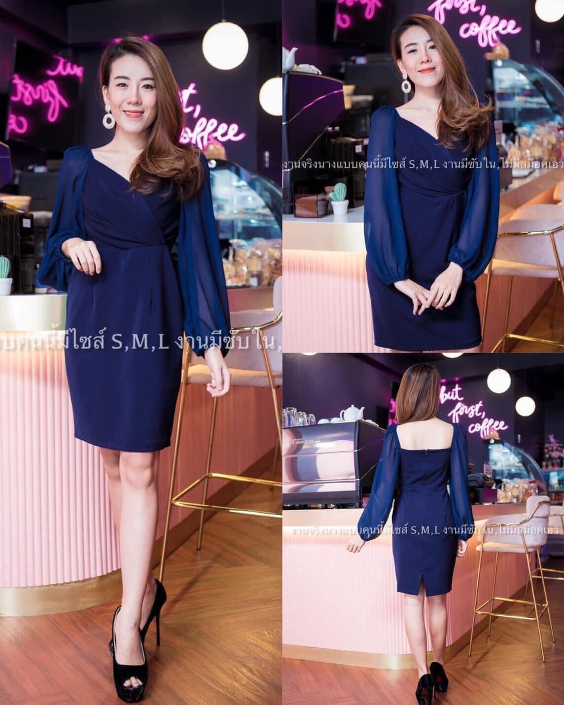 kudapy เดรสสั้นป้ายอก สีแดงเลือดหมู ,กรมท่า ,ขาว ,โอวัลติน เดรสแขนยาวชีฟองดึงยางหัวแขน ผ้าฮานาโกะ