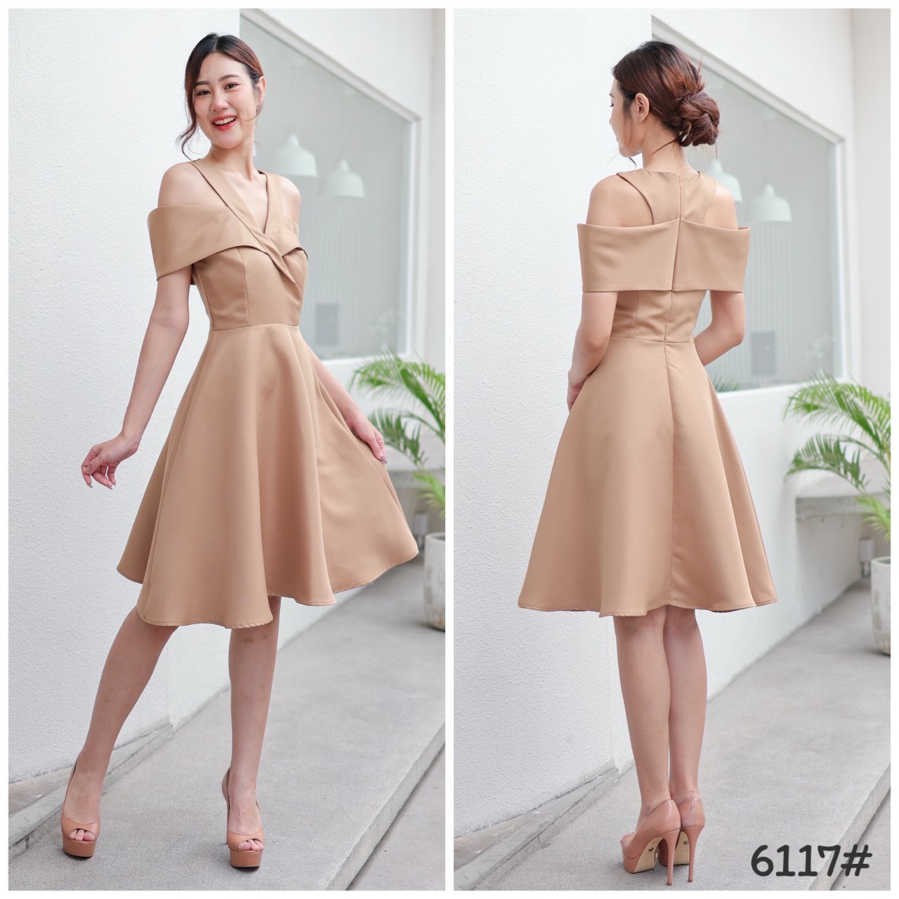 kudapy เดรสเปิดบ่า คัตติ้งคอสูท เก๋เวอร์ กระโปรงบาน เอวสูง เนื้อผ้าโพลีเอสเตอร์ เนื้อด้านไม่เงา ผ้าค่อนข้างแข็งอยู่ทรง