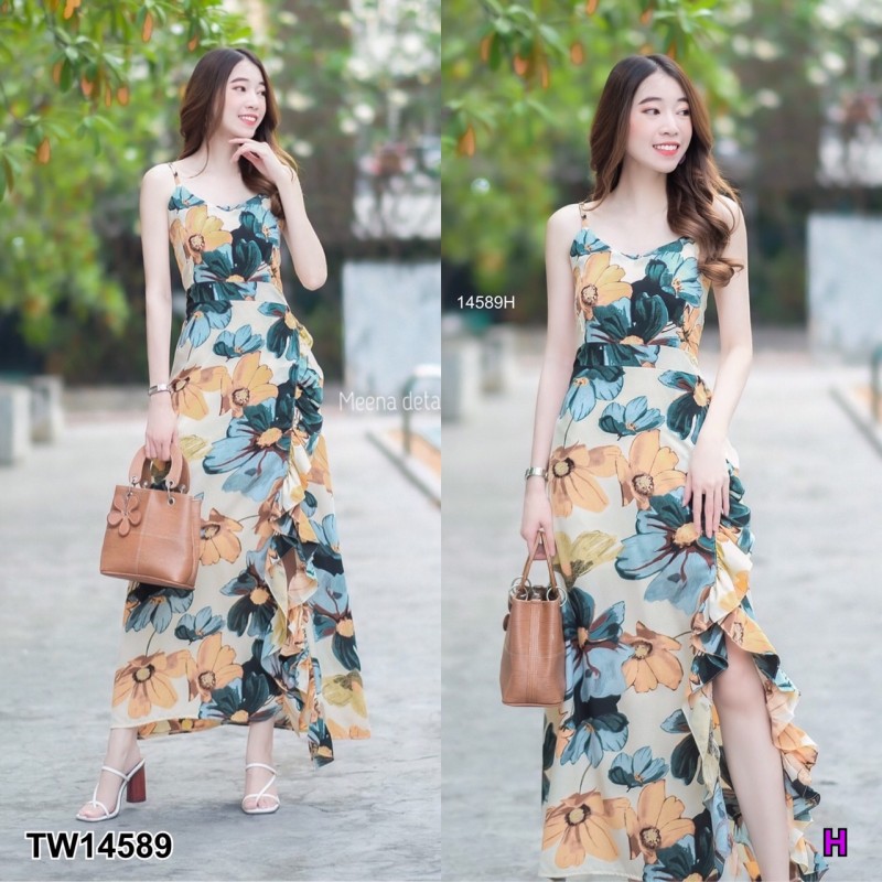 kudapy เดรสยาวสีครีม ชมพู ดำ ม่วง สายเดี่ยวไขว้สายด้านหลัง แต่งผ้าระบายและผ่าด้านข้าง มีซิปซ่อนด้านข้าง มีโบว์เส้นเล็กผูกเอวปรับระดับได้ งานผ้าไหมอิตาลี