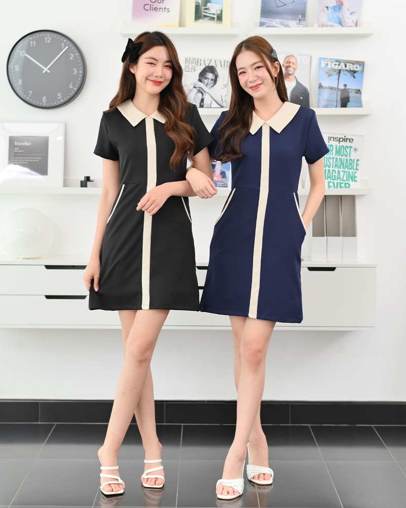 kudapy เดรสแขนสั้นทรงเอ ดีไซน์คอปก ตัดต่อเล่นสีทูโทนที่ปกและแถบสีกลางลำตัวมีกิมมิคลายผ้าเล็กๆ คู่สีทูโทนน่ารักละมุ