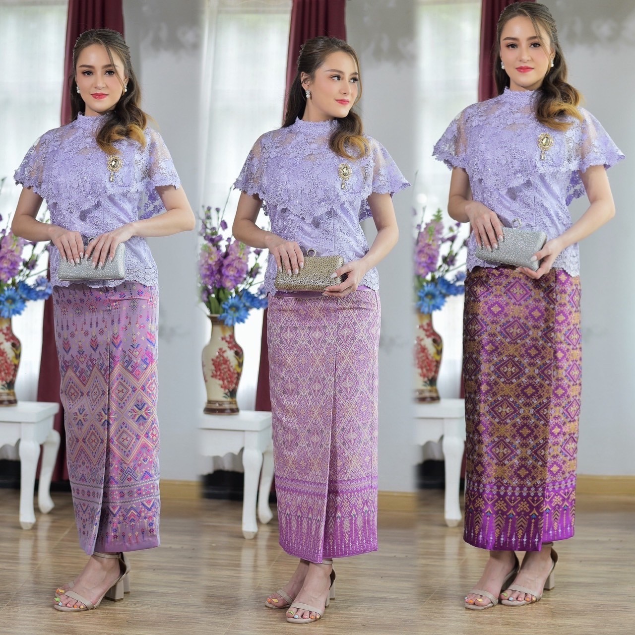 kudapy ชุดเซ็ทเสื้อลูกไม้+ผ้าถุง เสื้อเนื้อผ้าผ้าลูกไม้ใยบวบเกรดพรีเมี่ยมทั้งผืน ผ้าถุงลยไทยสวย ใส่ออกงานดูดี