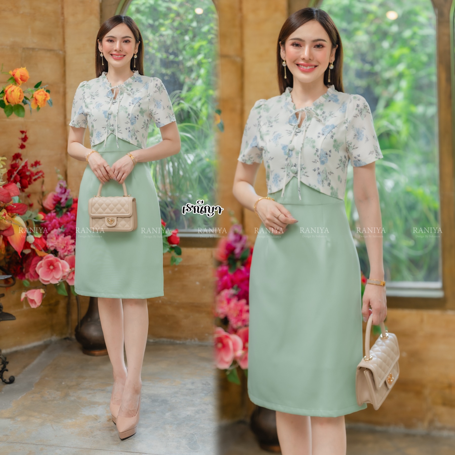 kudapy เดรสผ้าโพลีเอสเตอร์นำเข้าอย่างดี แต่งตัวเสื้อเป็นแบบกั๊กลายดอกงานน่ารัก