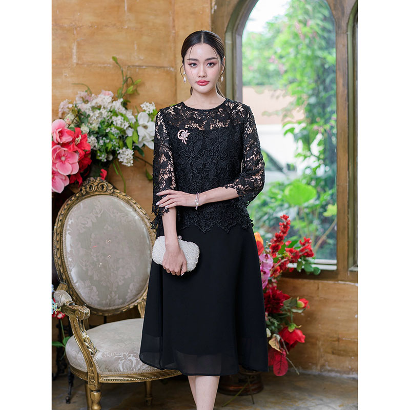 kudapy เดรสสั้นลูกไม้ไปงานสีฟ้าคราม/สีดำ/สีชมพู/สีกะปิ คอกลม แขนสามส่วน เดรสแต่งชีฟอง มีซับใน ทรงสวยมากค่ะ