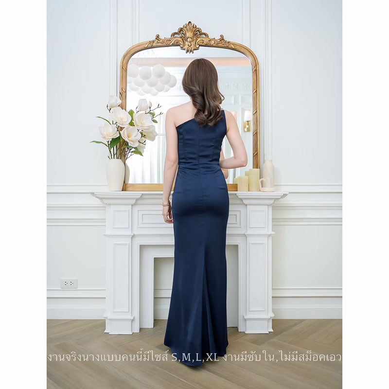 kudapy เดรสยาวสีกรม/สีน้ำตาลอิฐ/สีไวน์แดง/สีชมพูกรีบบัวชุดราตรีพรีเมี่ยมเกรด แต่งไหล่เดียวสายเพชร ใส่ออกงาน หรือยกตีมเพื่อนเจ้าสาว