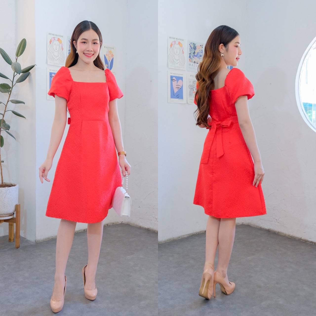 kudapy เดรสสั้นคอเหลี่ยนใส่ออกงานสีแดง,สีฟ้า,สีขาว,สีชมพูอ่อน,สีเขียวพาสเทล เดรสสั้นพอดีเข่า ใส่งานแต่ง งานบุญได้หมดค่ะ