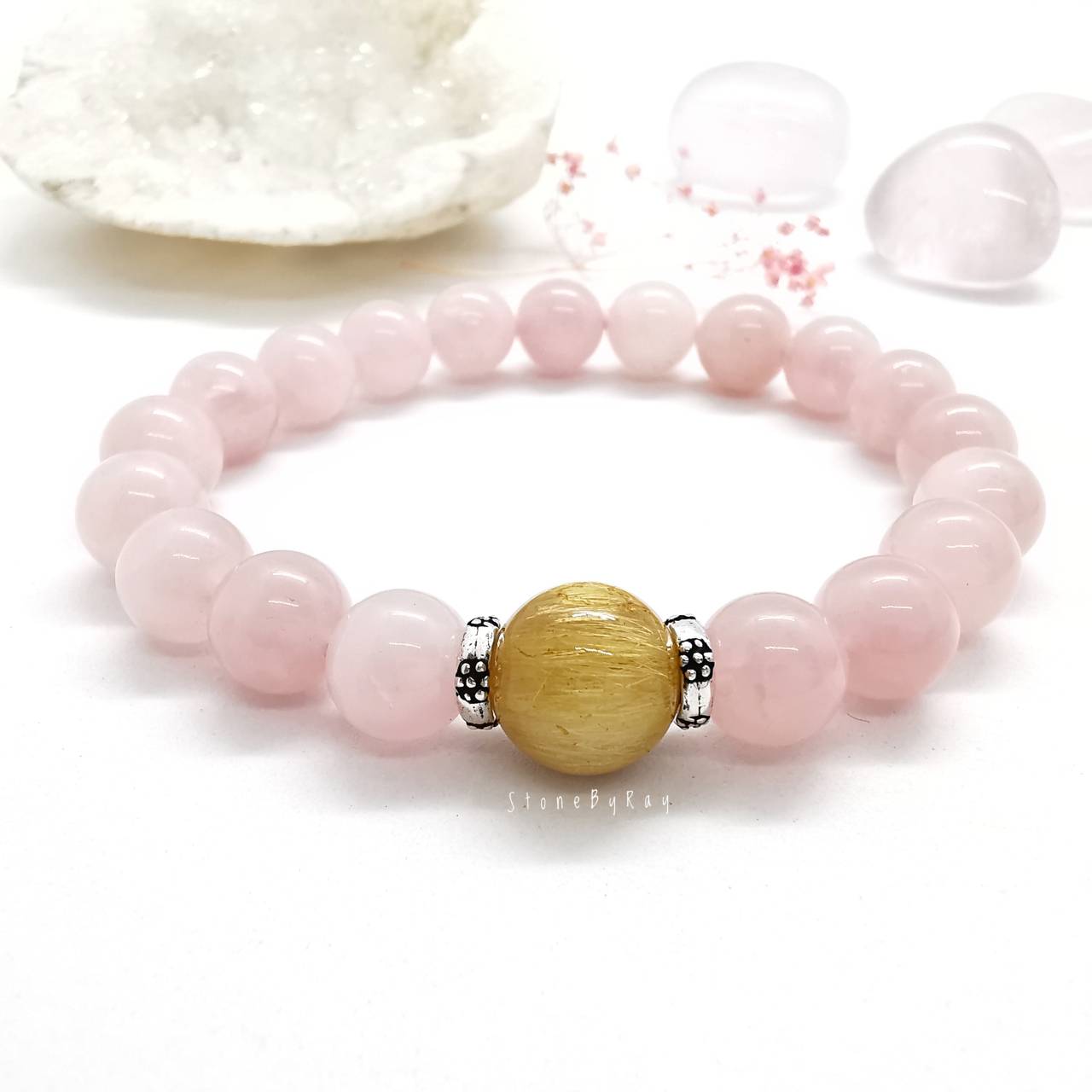 สร้อยข้อมือหินโรสควอตซ์ร้อยกับหินไหมทองRose Quartz+Rutilated Quartz