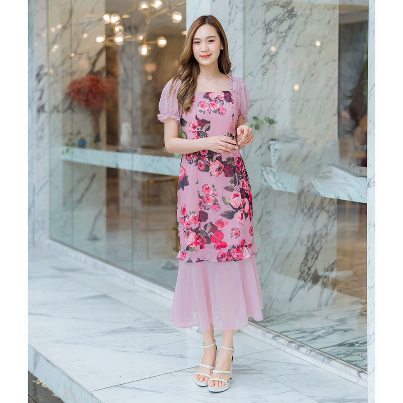 kudapy เดรสยาวสีชมพู/สีดำ แขนจั๊มลายกุหลาบชีฟอง ใส่ออกงานใส่เที่ยว เนื้อผ้าเบาสวยดูดีมากๆ