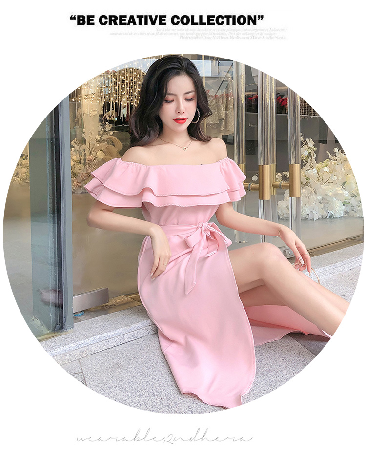 เดรสออกงานผ้าโพลีเอสเตอร์ผสมสีชมพู ใส่ได้หลากหลายแบบ ทั้งแบบปกติ แบบไหล่ป้าน